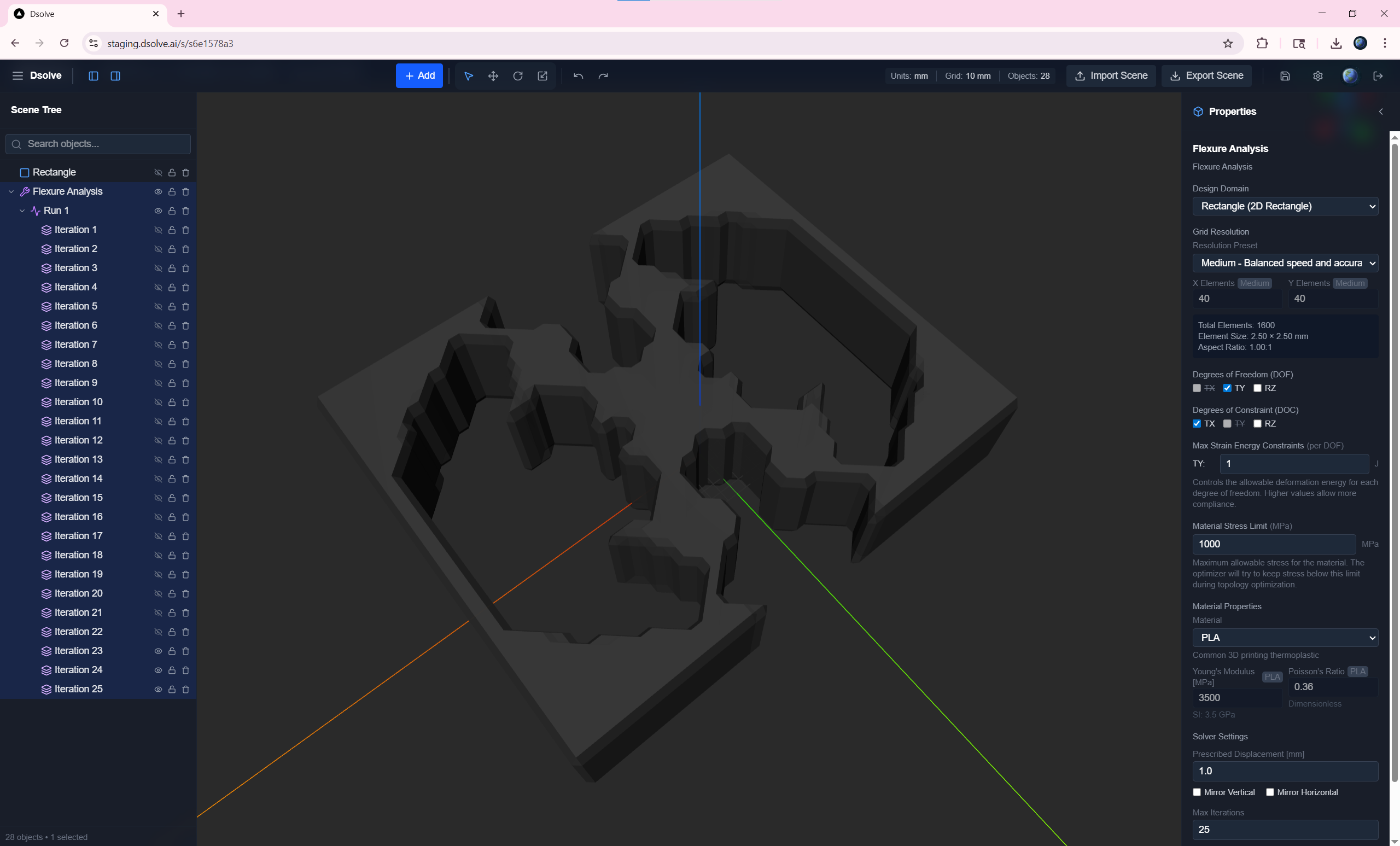 beta.deflex.ai platform interface showing topology optimization in action